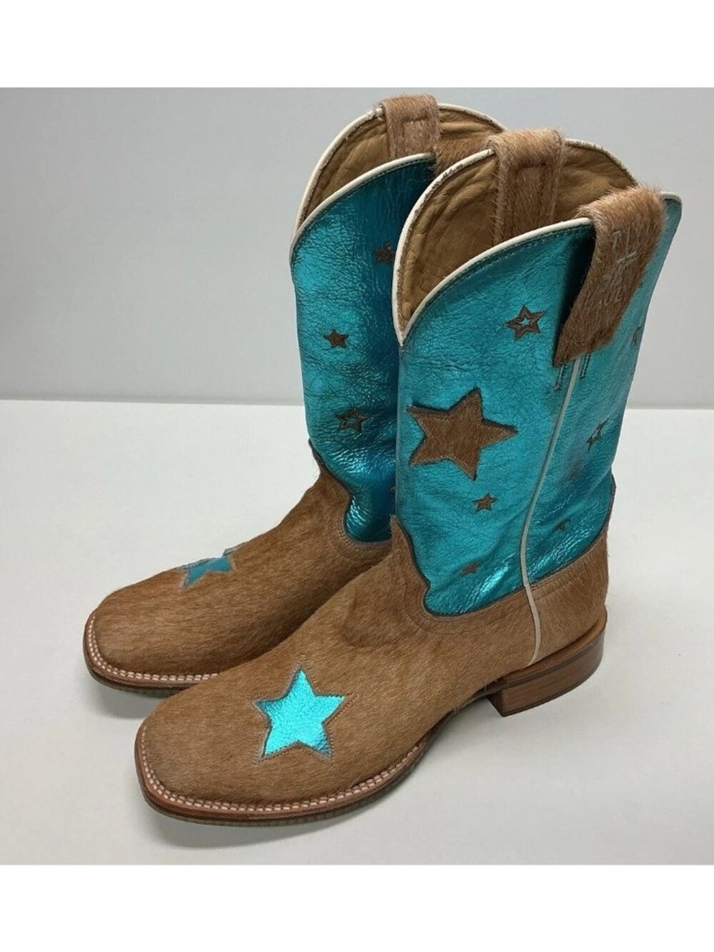 Tin Haul Cosmic Cowgirl Boots Womens Size 8.5 Turquoise Brown Calf Hair Leather